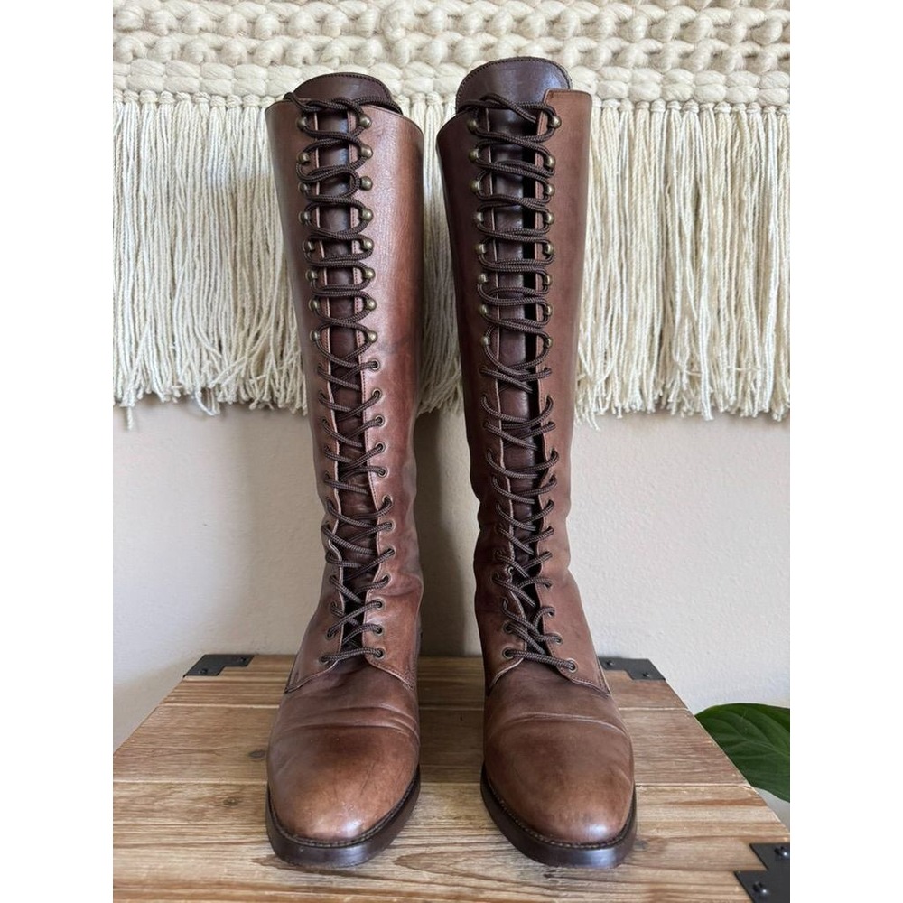 90s Vintage Charles David Brown Leather Lace Up Knee High Riding Boots Size 8 - Picture 3 of 16
